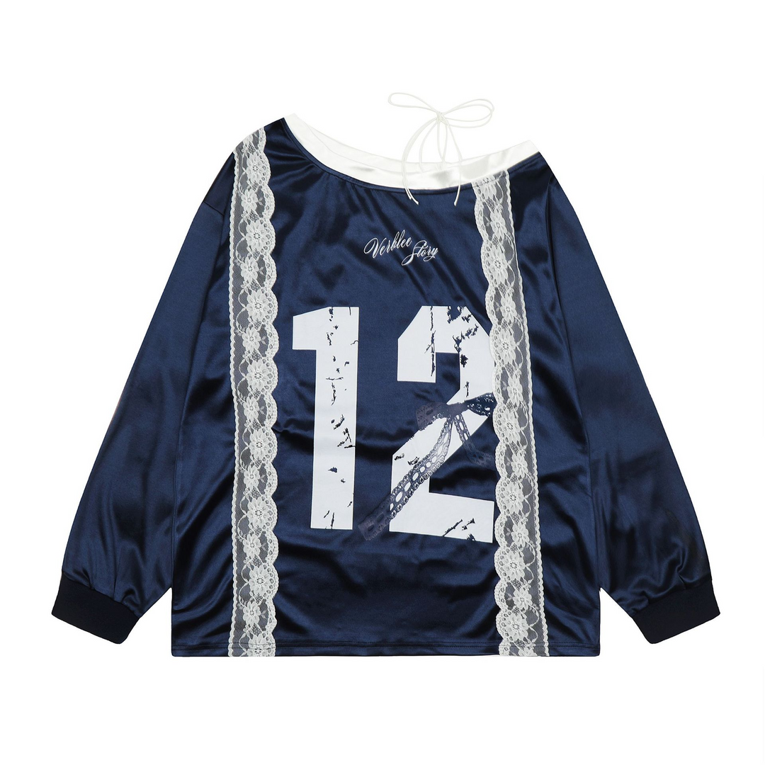Numbering Lace Ribbon Long Sleeve Tops