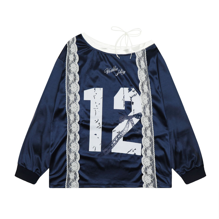 Numbering Lace Ribbon Long Sleeve Tops