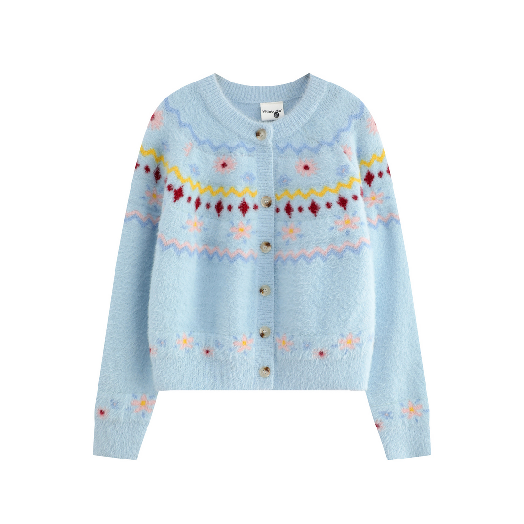 Pattern design crew neck knit cardigan