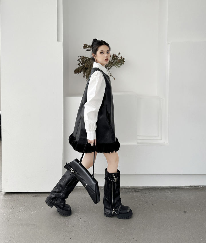 Puff sleeve collar shirt & PU leather v-neck onepiece