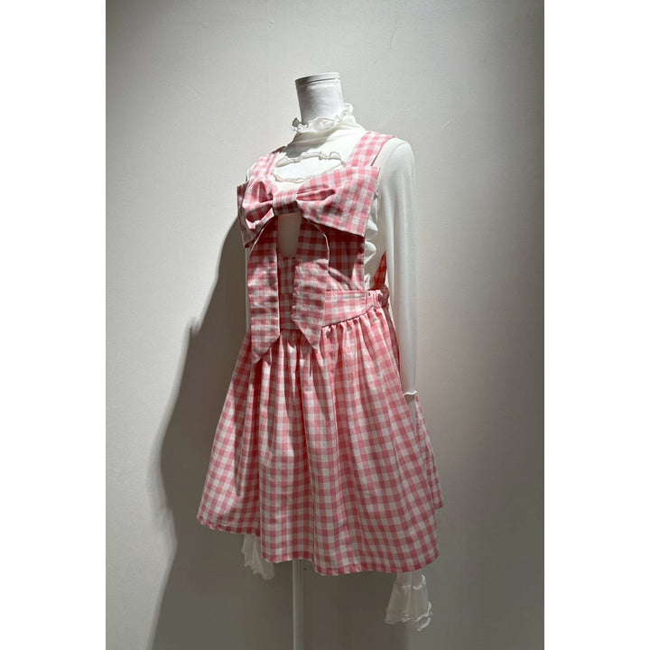 Front ribbon sleeveless onepiece (Beige Check) ¥8,980 / ¥9,480