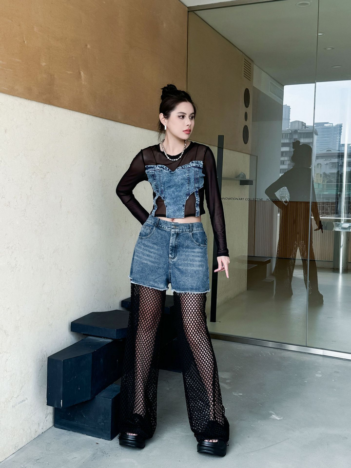Mesh Patcwork Denim Short Pants