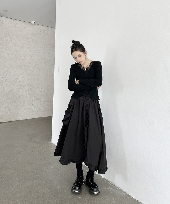 Large pocket asymmetric frill high waist skirt