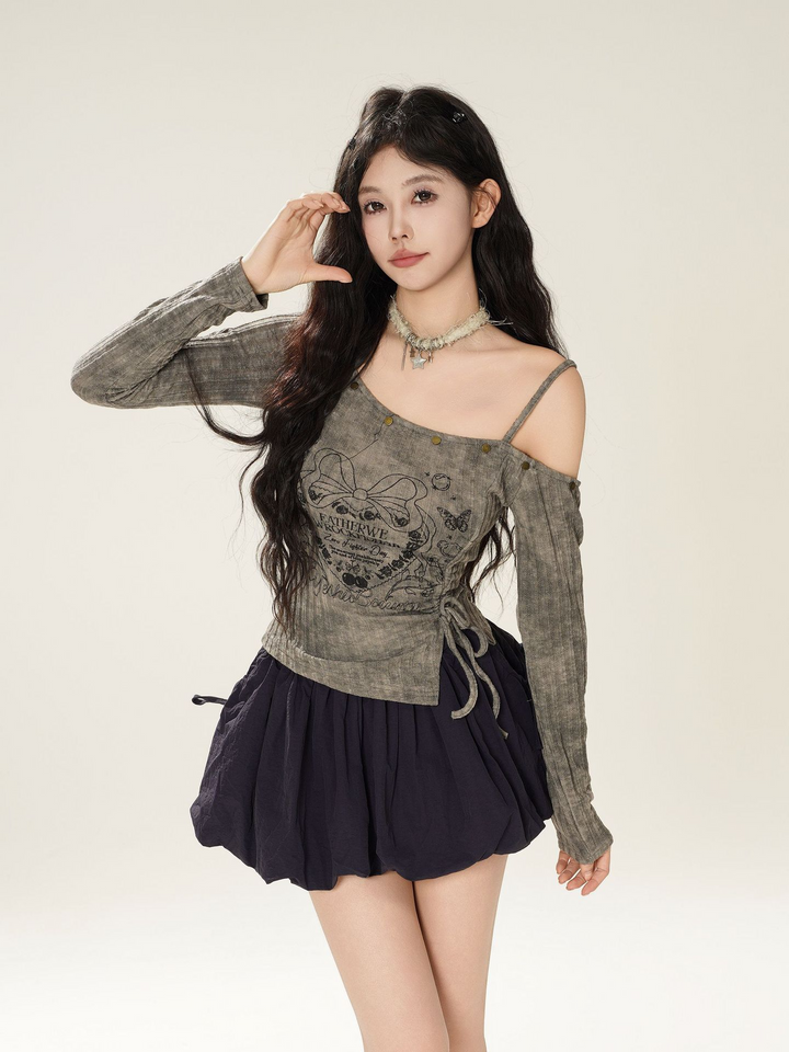 One Shoulder Print Pullover