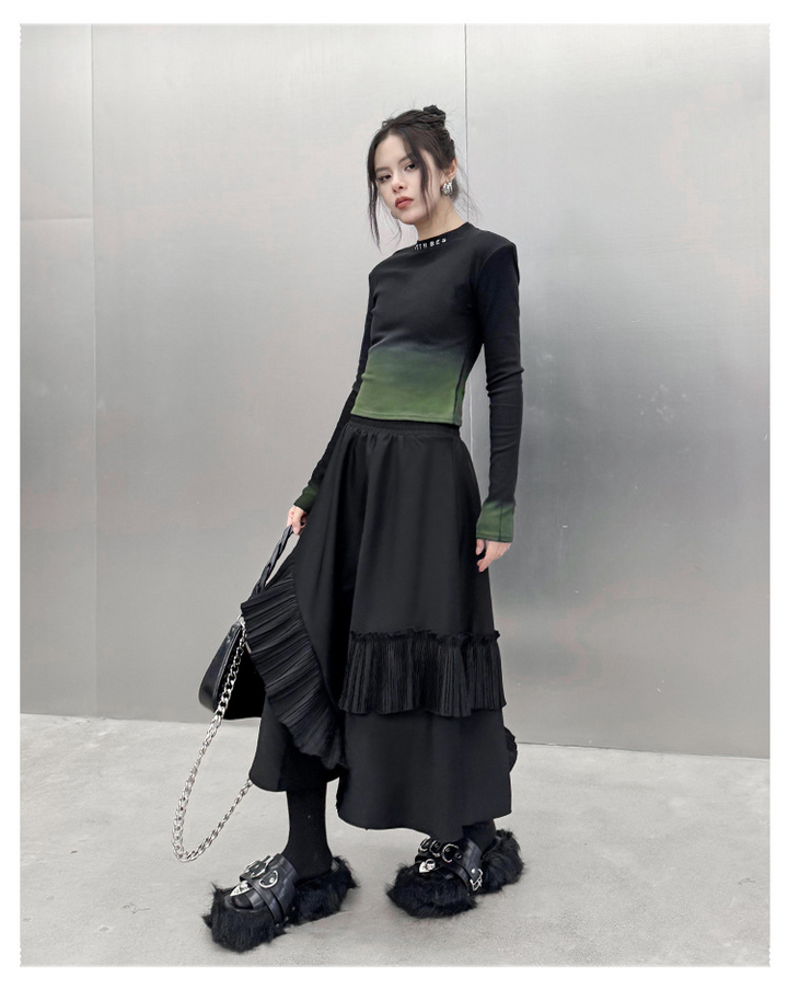 Patchwork pleated A-line skirt