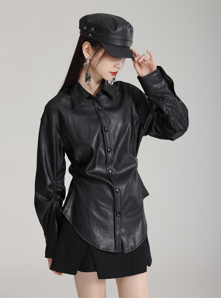 Side Tuck PU Leather Shirt