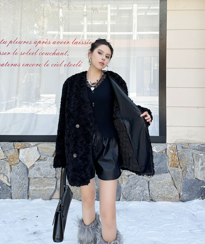 Oversized no-collar fur coat
