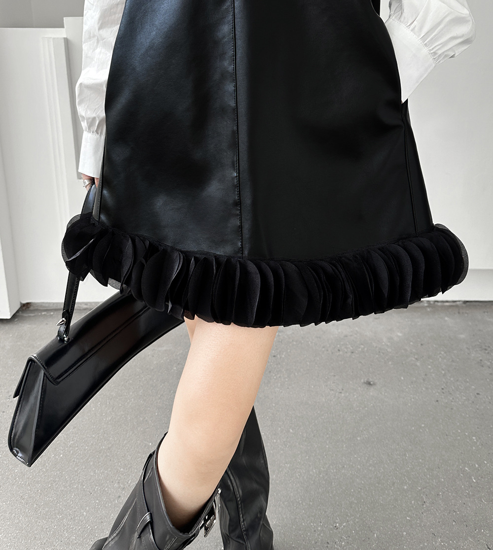 Puff sleeve collar shirt & PU leather v-neck onepiece