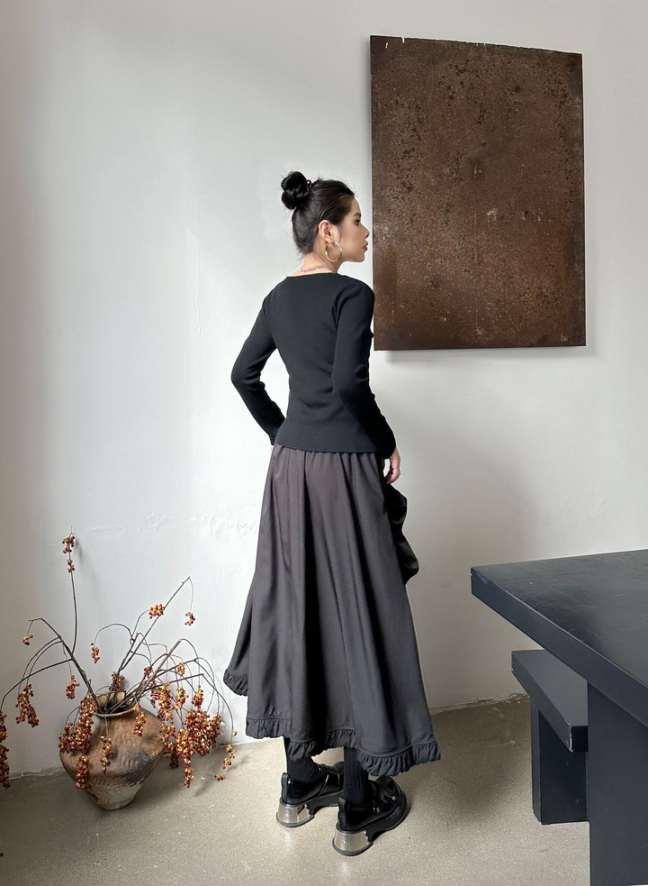 Large pocket asymmetric frill high waist skirt