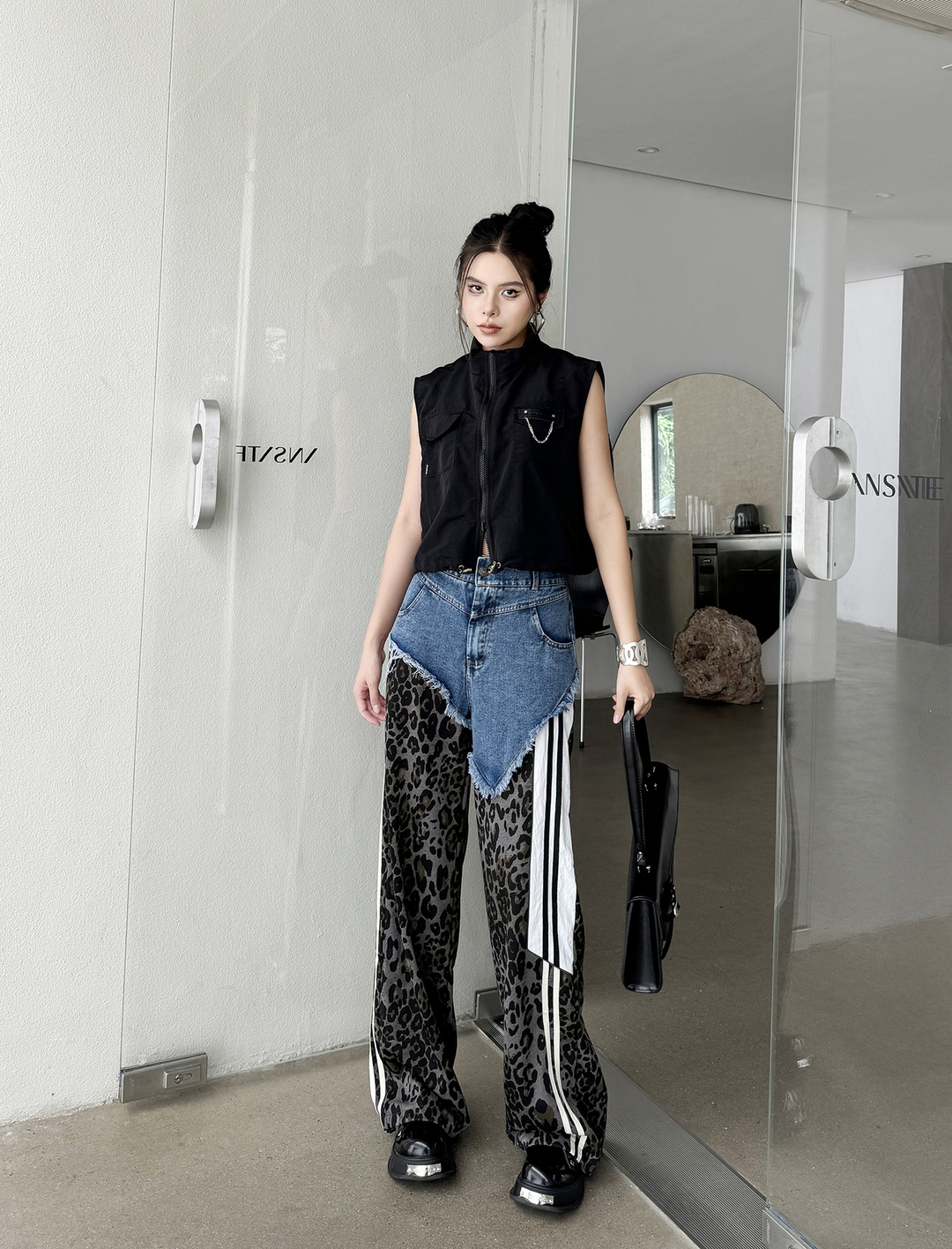 Leopard high waist side line jeans