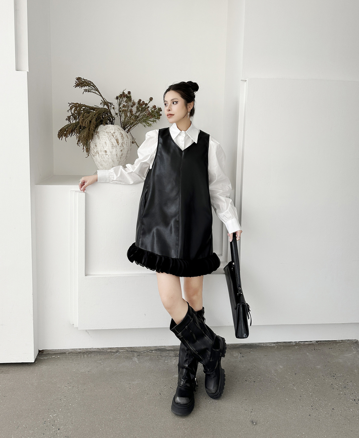 Puff sleeve collar shirt & PU leather v-neck onepiece