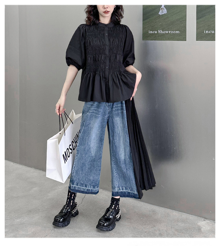 Contrast color patchwork pleated jeans