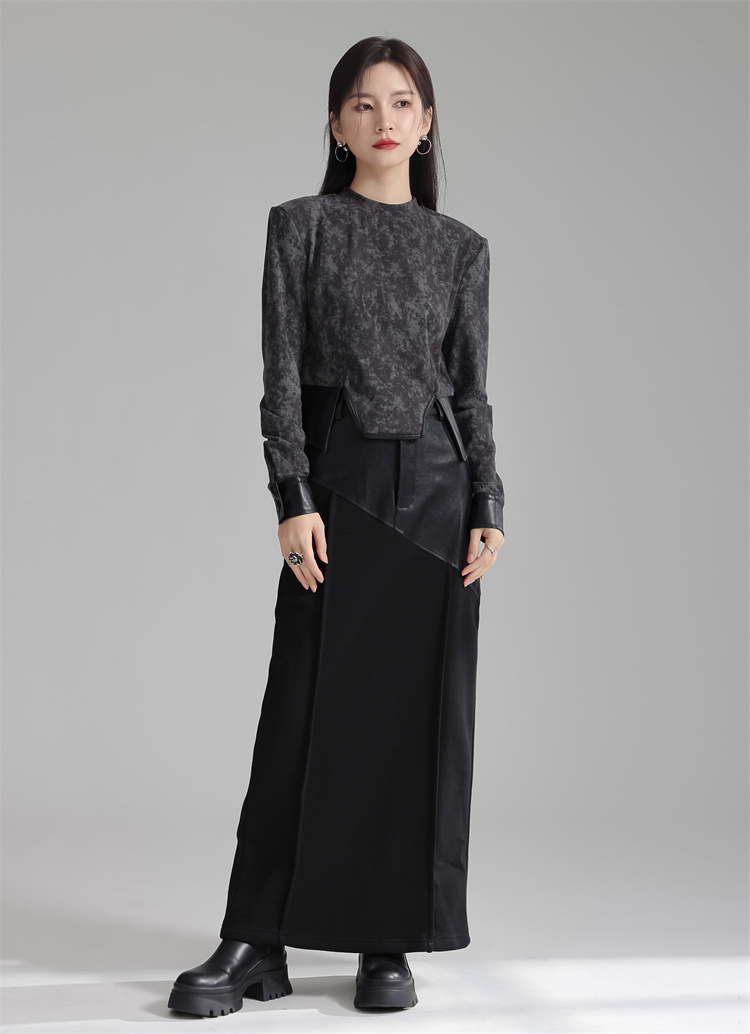 Design Patchwork PU Leather A-line Fleece Skirt