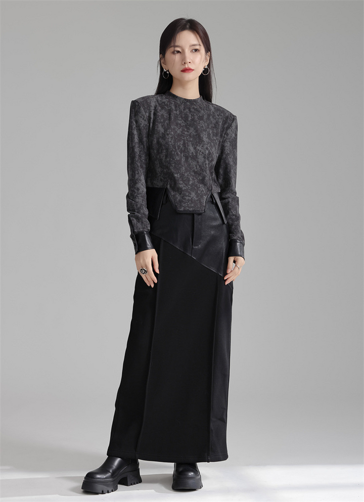 Design Patchwork PU Leather A-line Fleece Skirt