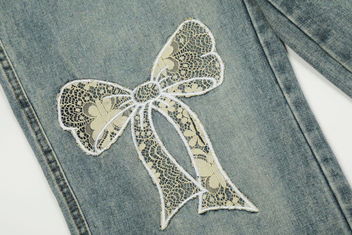 Ribbon Embroidery Washed Straight Denim