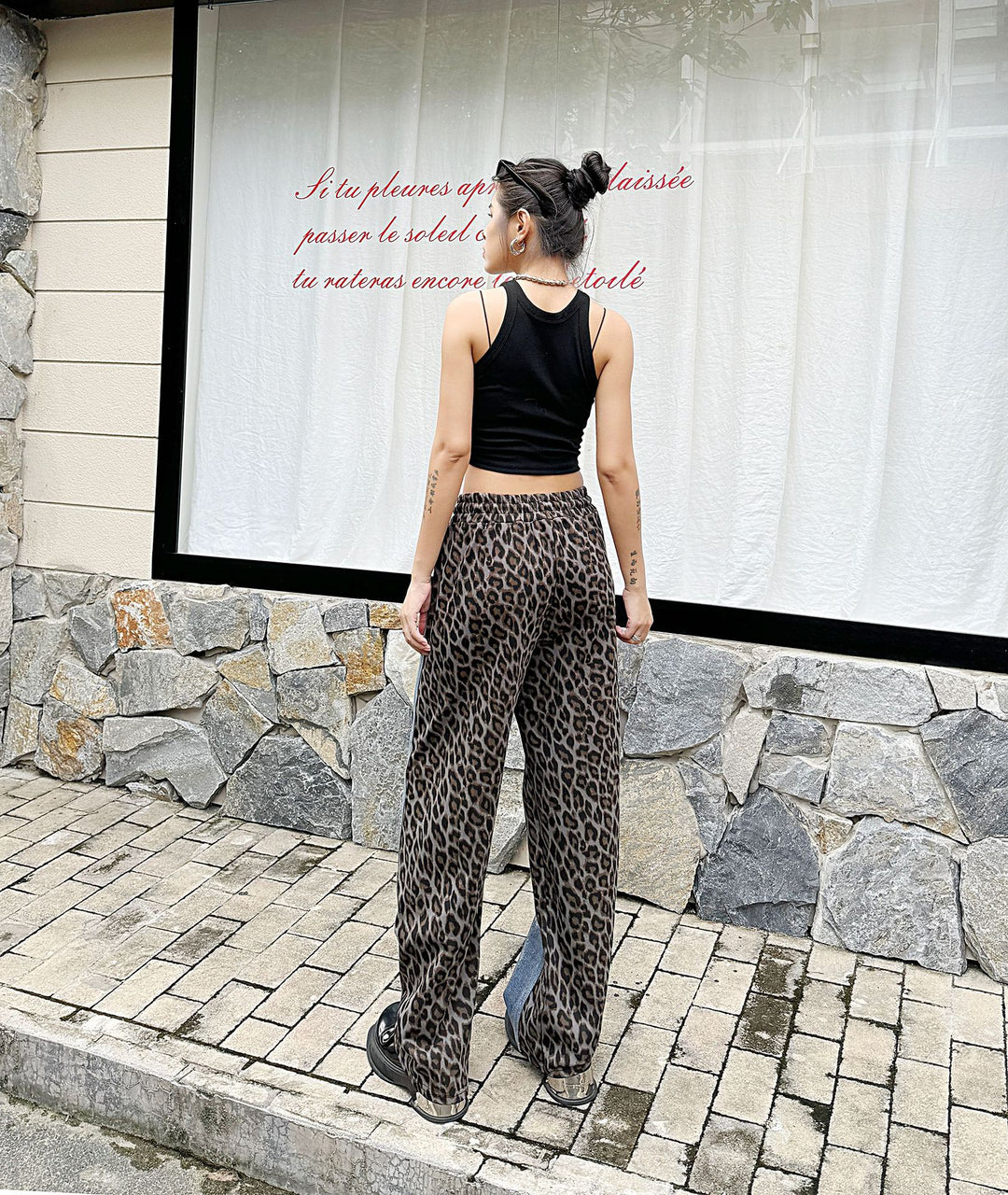 Silver plated wash denim patchwork leopard print casual pants
