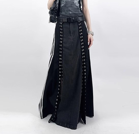 Side line hook denim A-line skirt