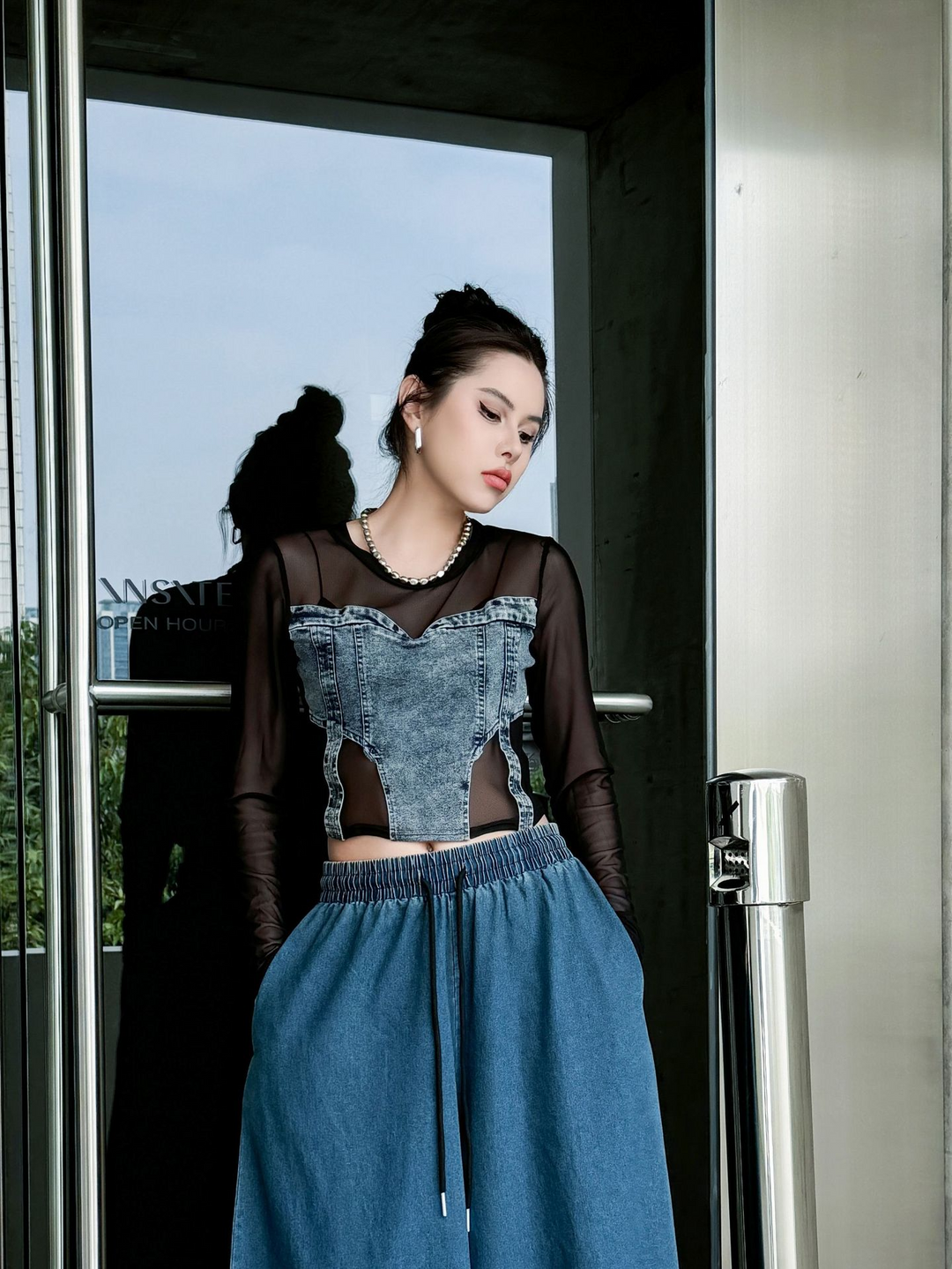 Mesh Denim Long Sleeve Tops