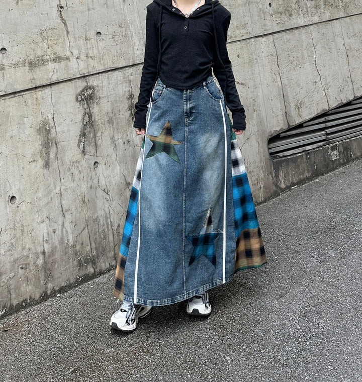 Patchwork plaid high waist A-line denim skirt