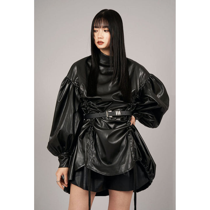 High Neck Shirring PU Leather Shirt