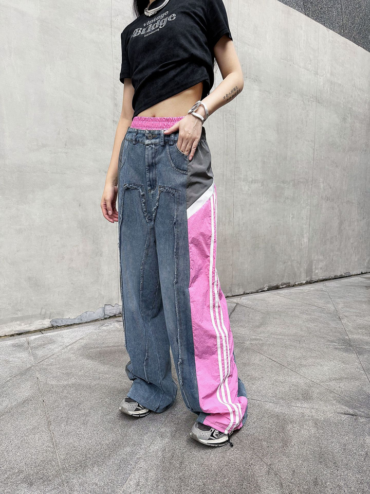 Street color patchwork loose jeans