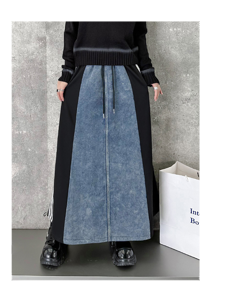 Denim patchwork striped a-line skirt