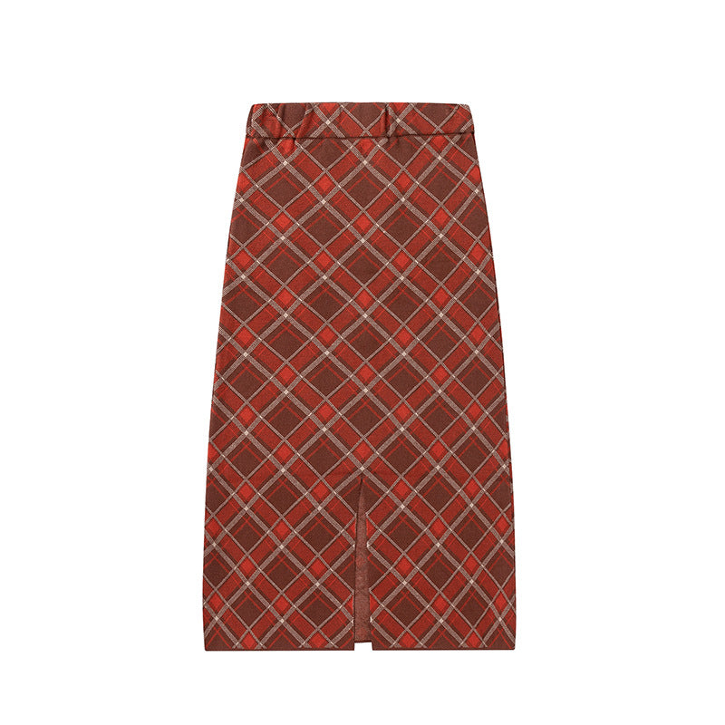 Plaid knit long skirt
