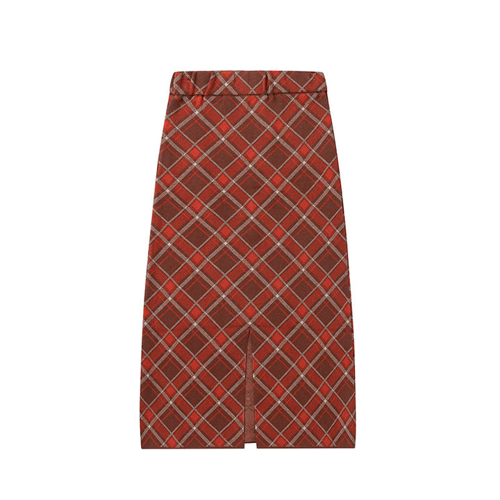 Plaid knitted long skirt
