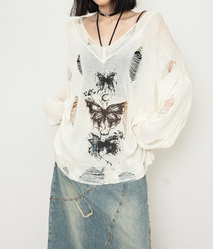 Butterfly Loose Damage V-neck Knit