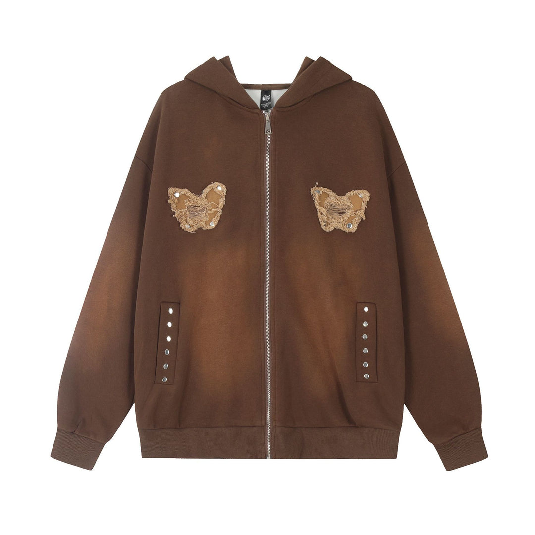 Sweet Washed Butterfly Patch Embroidered Hooded Jacket