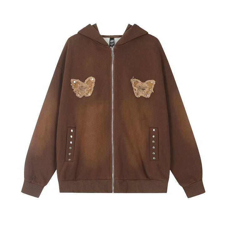 Sweet Washed Butterfly Patch Embroidered Hooded Jacket