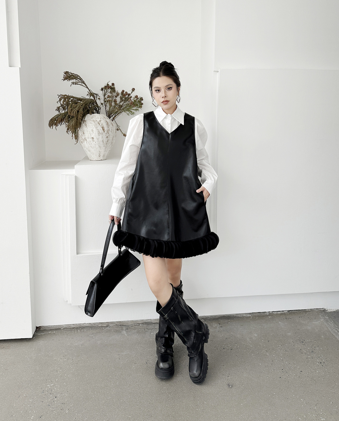 Puff sleeve collar shirt & PU leather v-neck onepiece