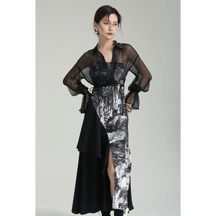 Shirring Sleeve Seer Shirt & Asymmetry Flare Print Camisole Onepiece ¥6,480 / ¥8,980