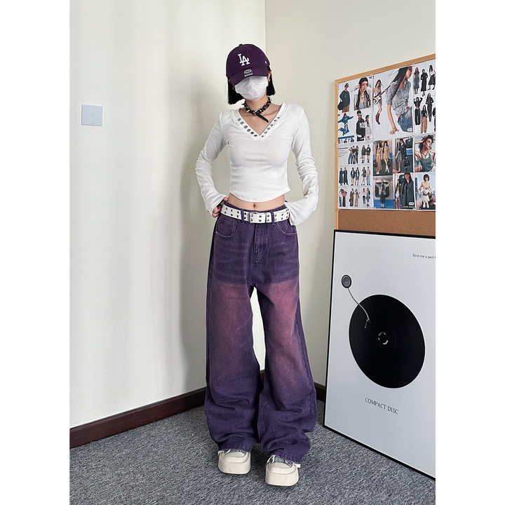 Carmour denim retro color wide-leg pants