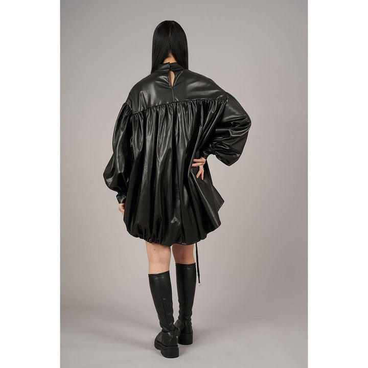 High Neck Shirring PU Leather Shirt