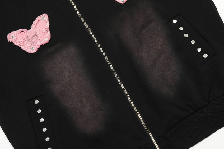 Sweet Washed Butterfly Patch Embroidered Hooded Jacket