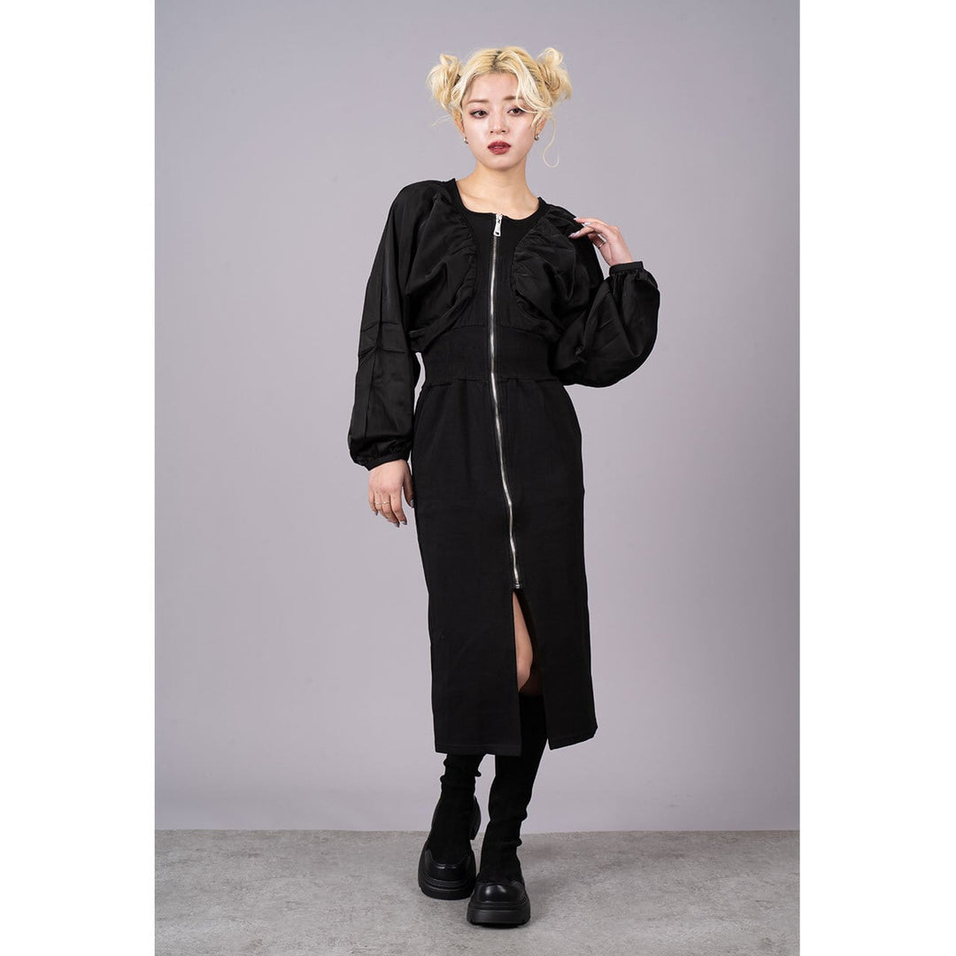 Gathered Sleeve Zipper Tight Onepiece