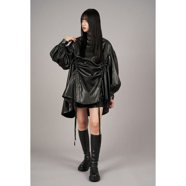 High Neck Shirring PU Leather Shirt