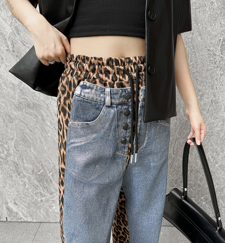 Silver plated wash denim patchwork leopard print casual pants