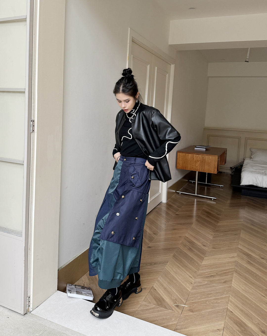 Wash denim patchwork A line skirt