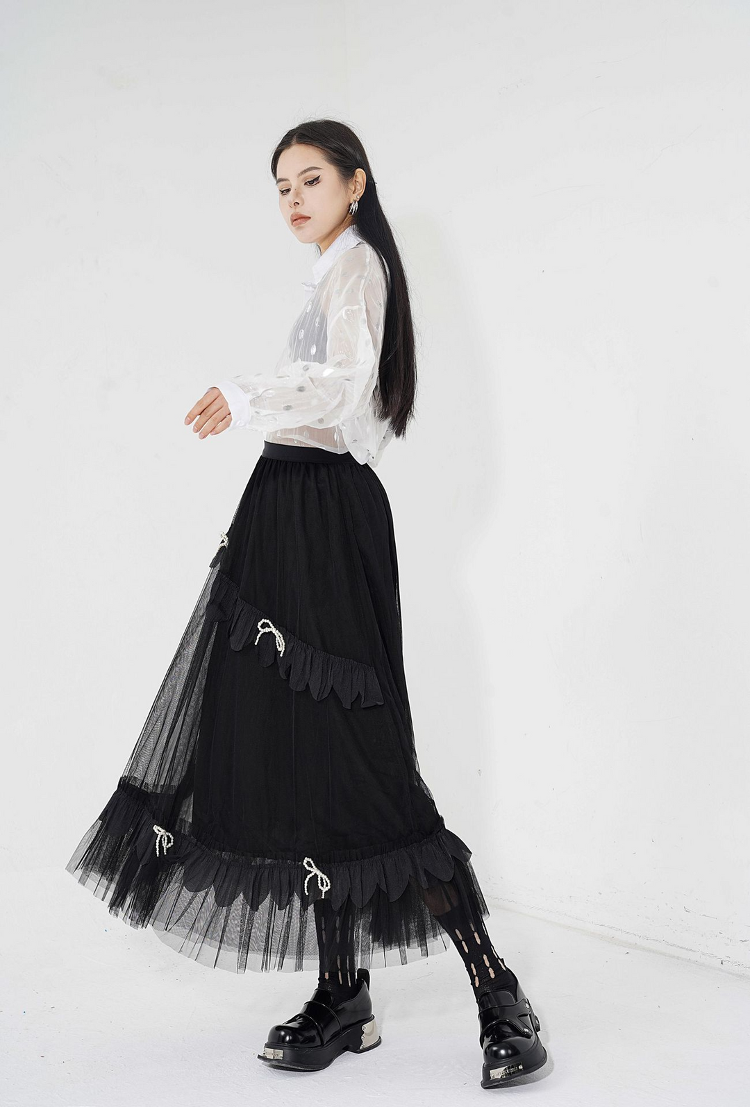 Layered tulle ribbon long skirt