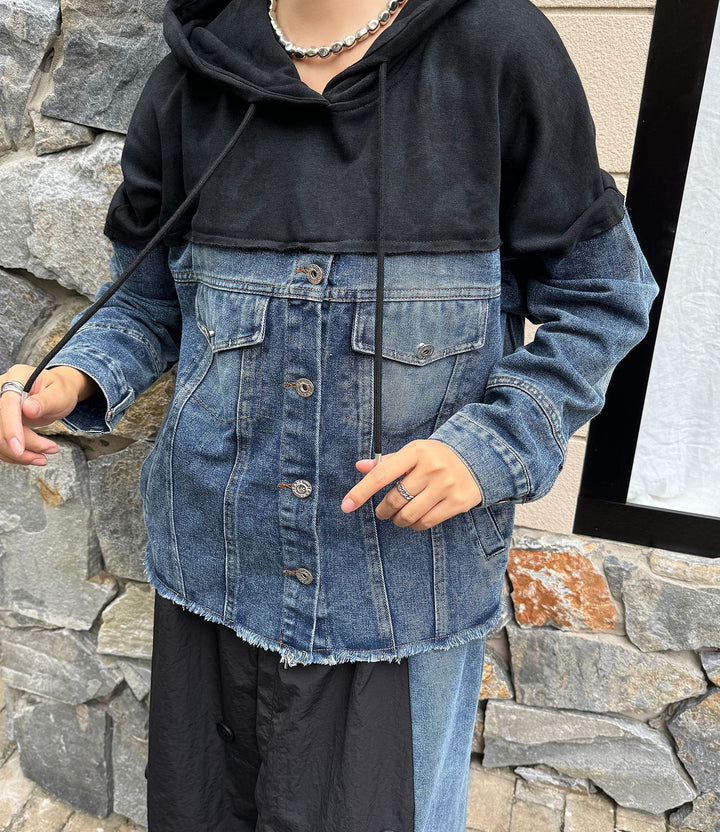 Wash denim patchwork hoodie jacket