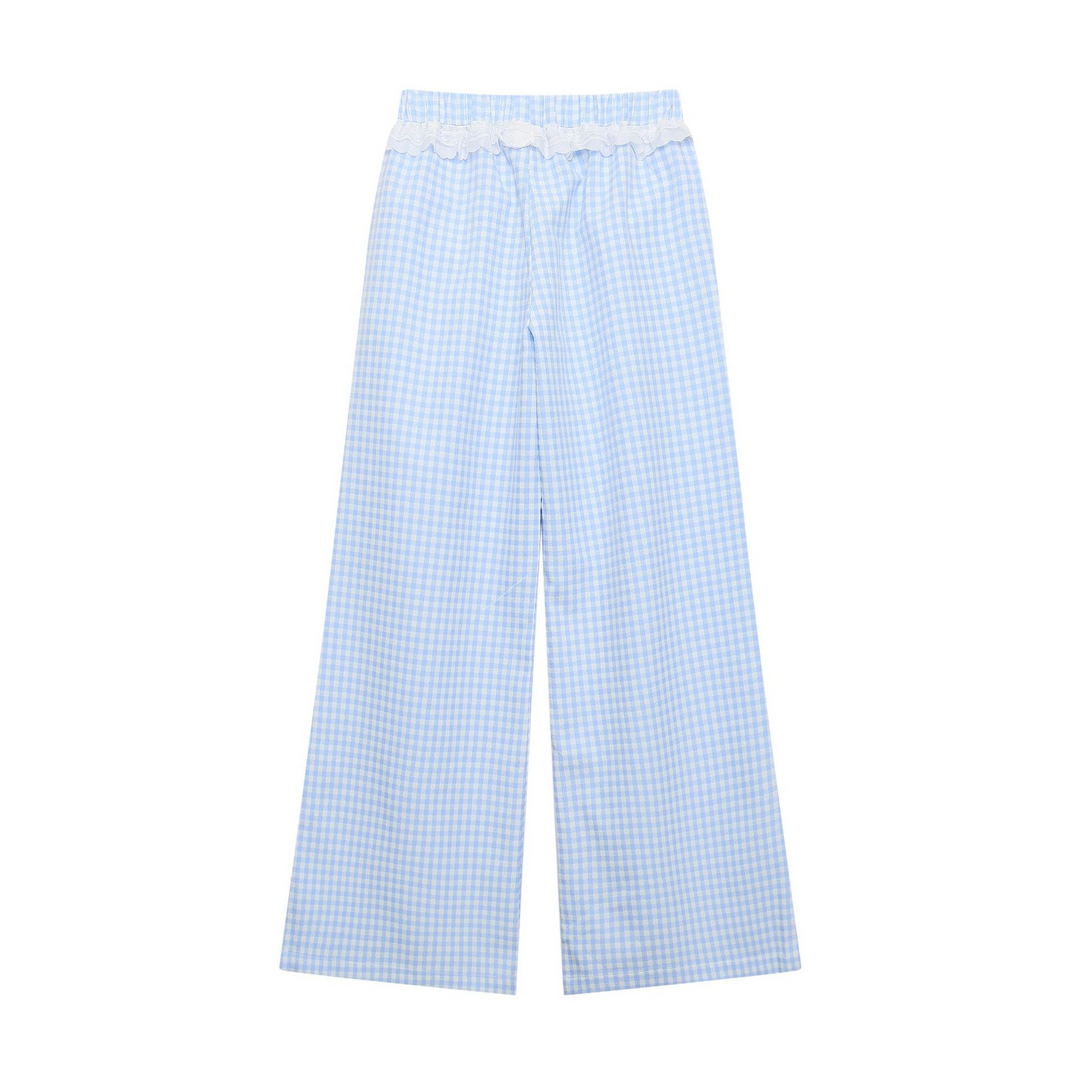 Lace Gingham Check Wide Pants
