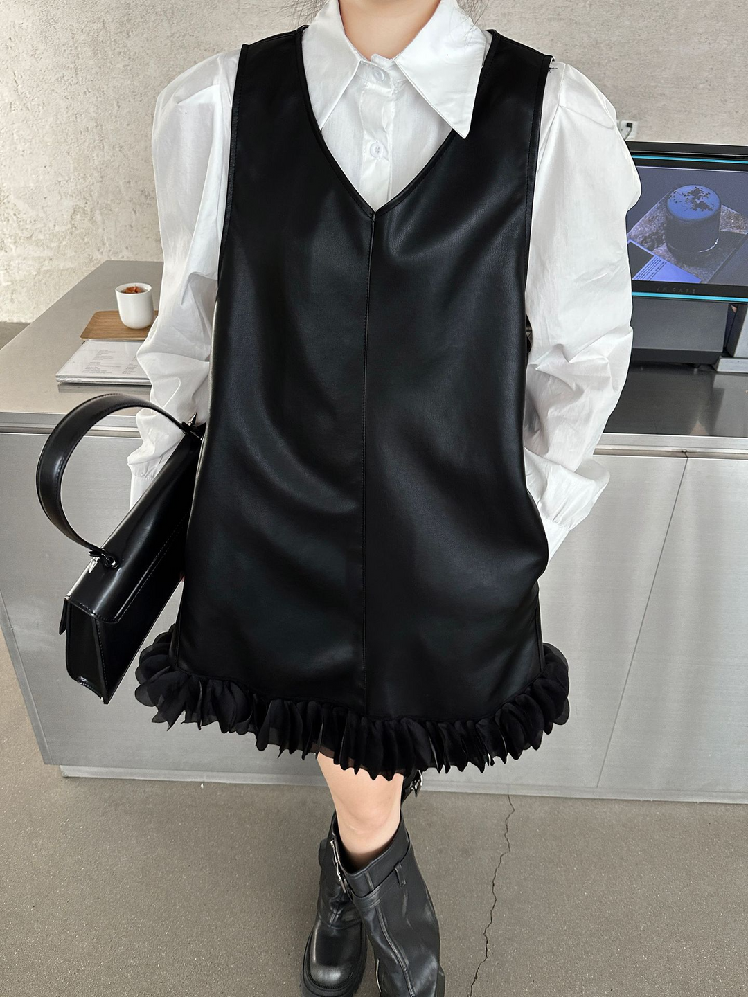 Puff sleeve collar shirt & PU leather v-neck onepiece
