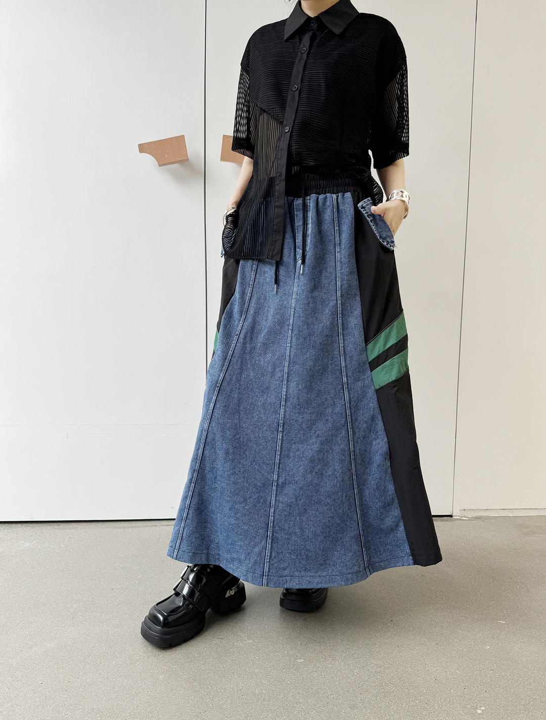 Contrast color stitching two line denim A-line skirt