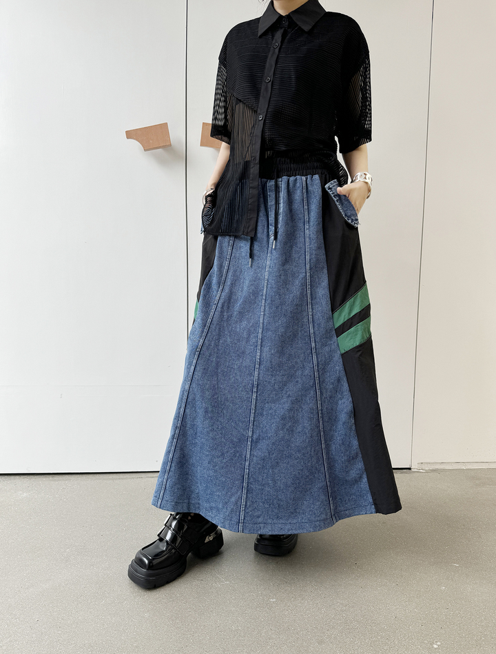 Contrast color stitching two line denim A-line skirt