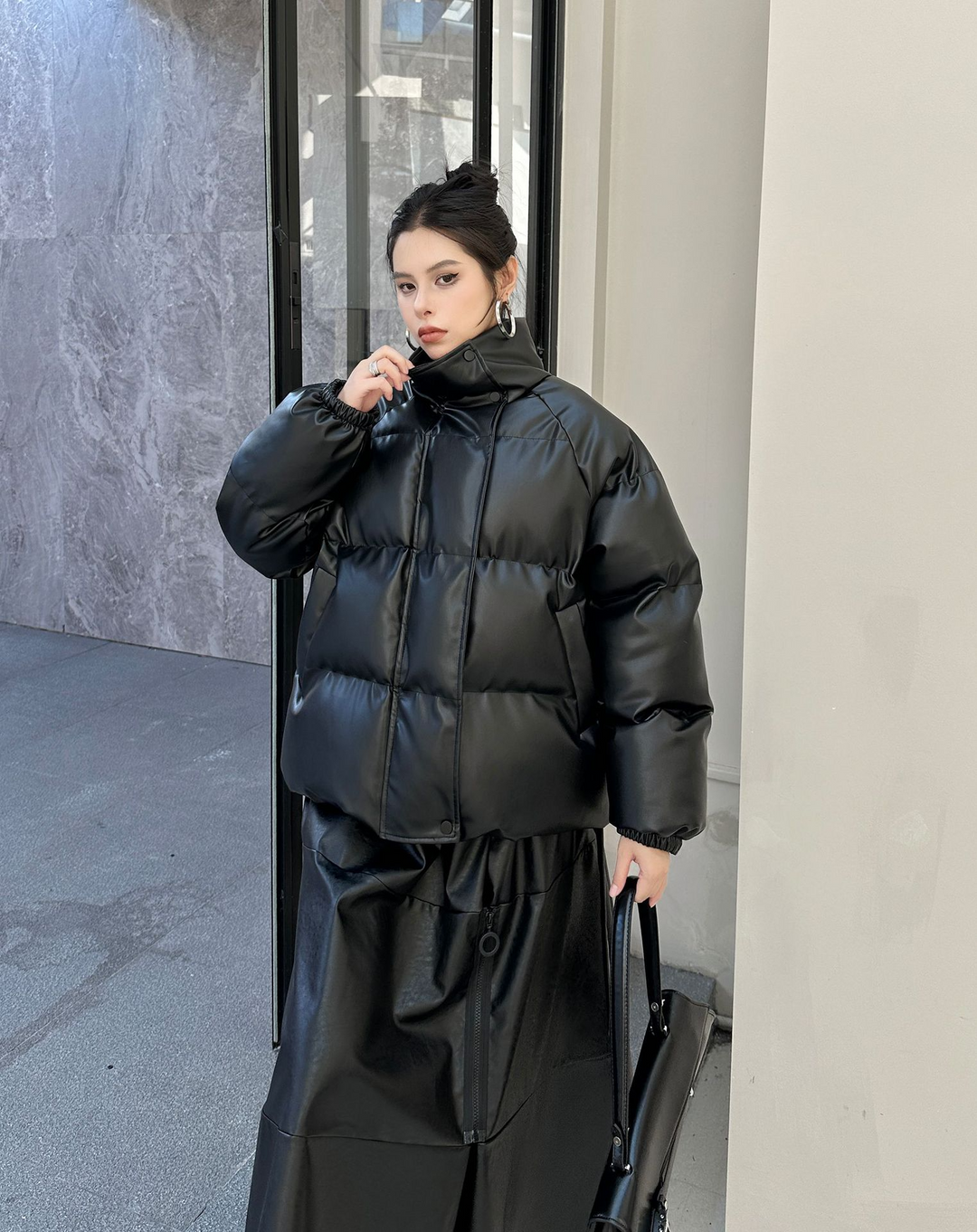 PU leather stand collar padded short volume down jacket