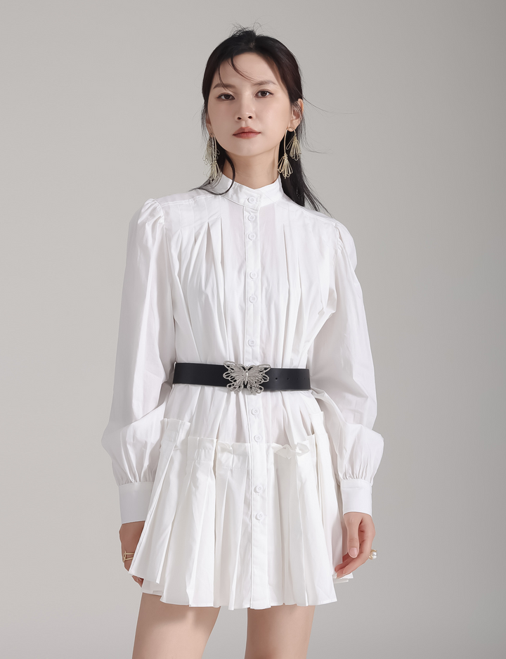 Stand Collar Pleats Long Shirt