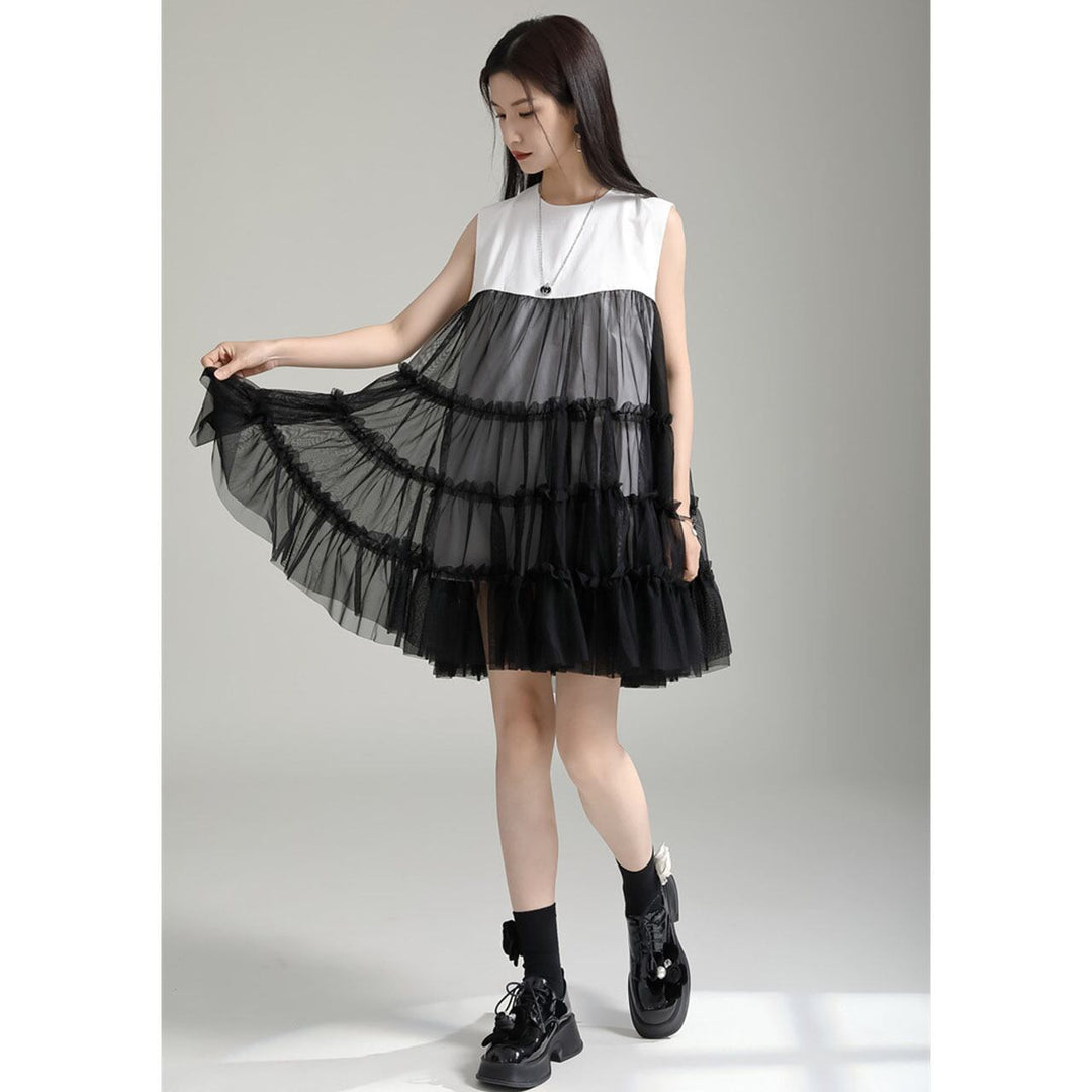 Tulle Tiered Sleeveless Long Blouse