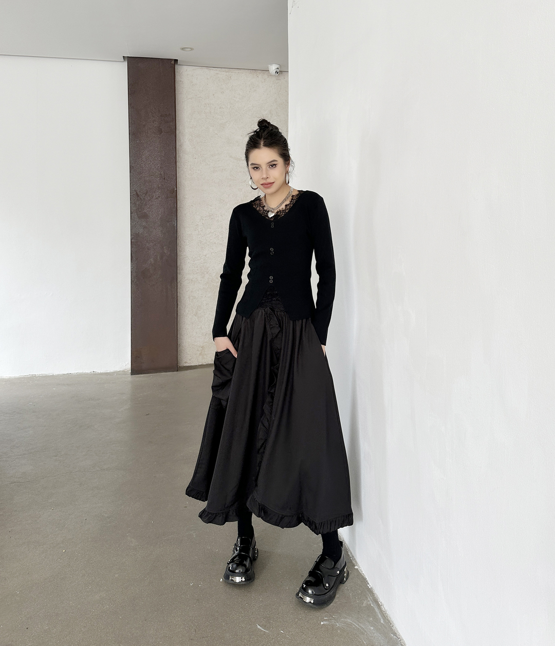 Large pocket asymmetric frill high waist skirt